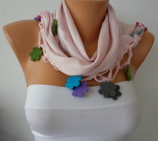 Pale Pink  Scarf -  Pashmina  Scarf -  Cowl with Lace Felt Colorful Flower Edge   -