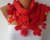 Pashmina  Scarf  - Cotton Scarf -  - Cowl with Lace and Pompom Edge -  Red