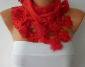 Pashmina  Scarf  - Cotton Scarf -  - Cowl with Lace and Pompom Edge -  Red