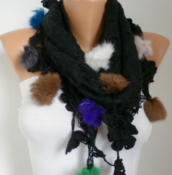 Black Scarf - Knitted Fabric  Scarf  -  Cowl Scarves with Lace Pompom Edge - Black ///