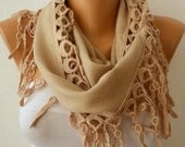Beige Scarf Women Pashmina  Scarf  - Cotton Scarf - Cowl with Lace  Edge - Beige - fatwoman