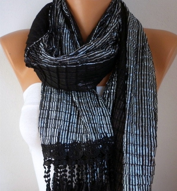 Black Silvery  Scarf  -  Shawl Scarf -  Cowl with Lace Edge