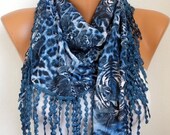 Blue Leopard Scarf -  Cowl with Lace Edge