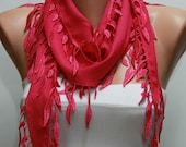 Red Scarf  -  Pashmina Scarf  -  Lace Edge
