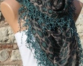 Green Leopard Scarf Multicolor Scarf -  Cowl with Lace Edge by Fatwoman