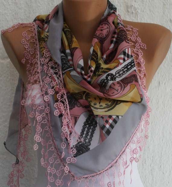 Clock Scarf - Multicolor  Scarf -  Cotton Scarf  Cowl with  Lace Edge - fatwoman