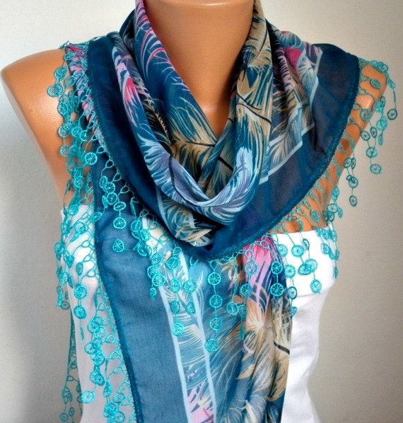 Scarf Shawl - Cotton Weddings Scarves - Cowl with Lace Edge  - Blue