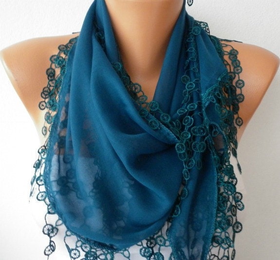 Teal Scarf  - Cotton  Scarf -  Cowl with Lace Edge   -
