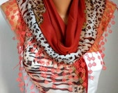 Cotton Scarf Shawl - Weddings Scarves - Cowl with Lace Edge  - Rufous
