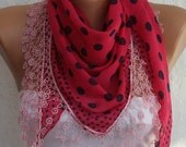 Polka Dot Scarf - Red Scarf -  Cotton Scarf  Cowl with  Lace Edge - Polka dot - fatwoman