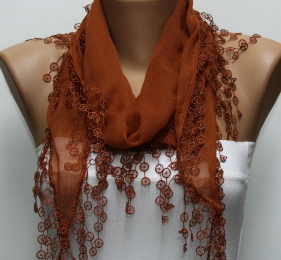 Brown Scarf  - Cotton  Scarf -  Cowl with Lace Edge   -