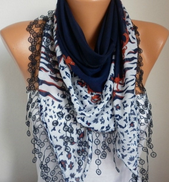 Dark Blue Scarf  Shawl - Cotton Weddings Scarves - Cowl with Lace Edge -