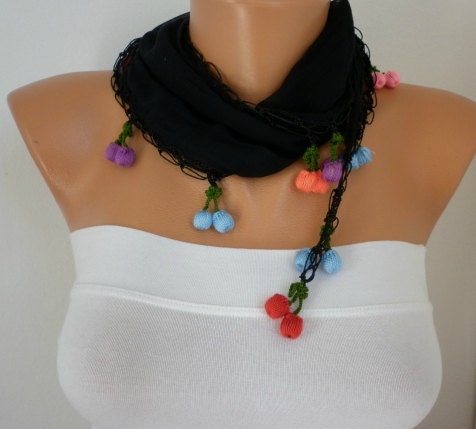 Black Scarf Cotton Scarf Cowl with Lace Edge Gift