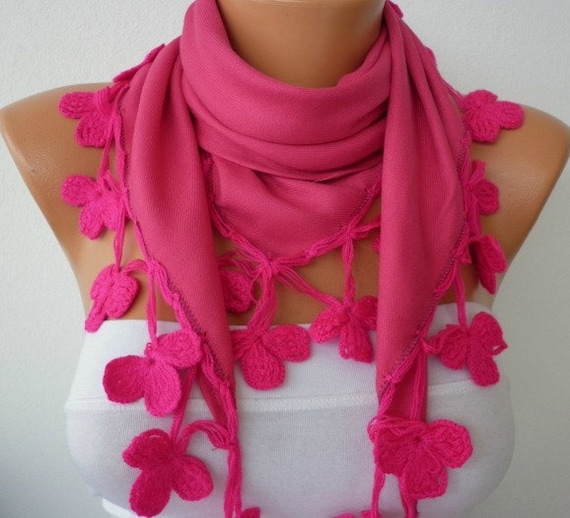 Pashmina  Scarf  - Cotton Scarf - Headband - Cowl with Lace  - Pink