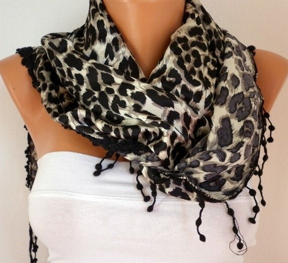 Leopard  Women  Scarf - Cowl Scarf - Shawl  with Lace Edge - Black