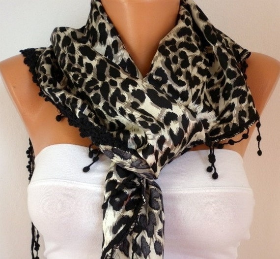 Leopard  Women  Scarf - Cowl Scarf - Shawl  with Lace Edge - Black