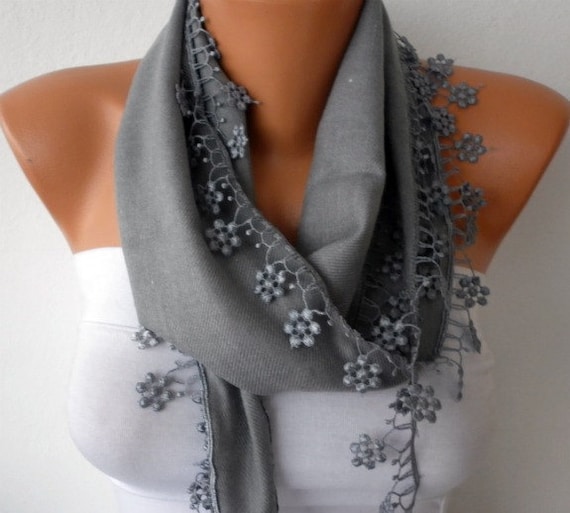 Silver Scarf -  Pashmina Scarf  - Cowl with Lace Edge