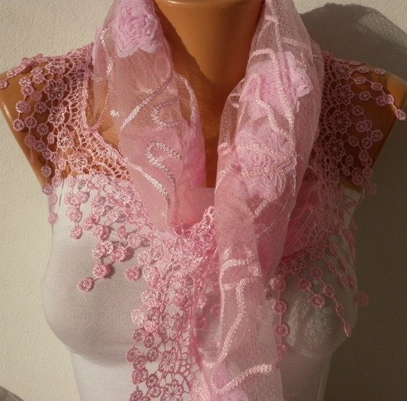 Pink  Scarf  -   Cowl with Lace Edge