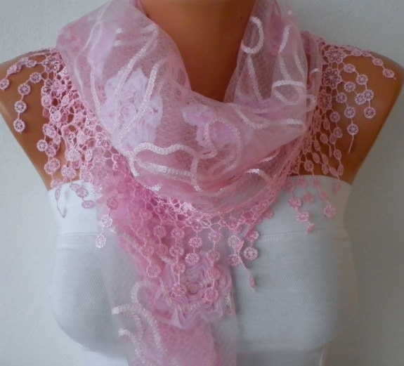Pink  Scarf  -   Cowl with Lace Edge