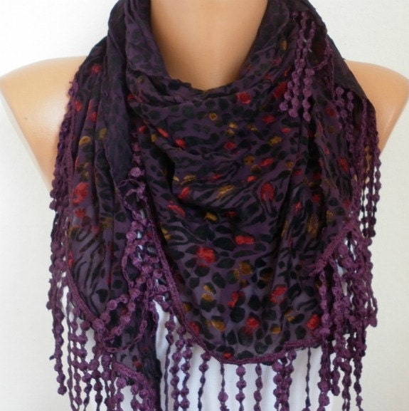 Purple Black Scarf - Cowl with Lace Edge