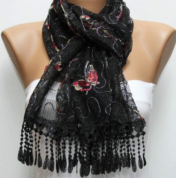 Red Black Scarf -  Cowl with Lace Edge - Butterfly Scarf with Sequin