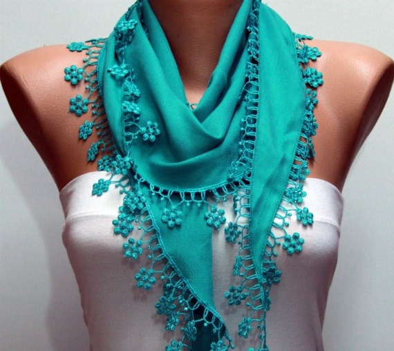 Teal Scarf - Pashmina Scarf - Cowl with Lace Edge
