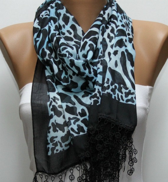 Leopard  Scarf -  Cotton Scarf  Cowl with  Lace Edge