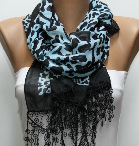 Leopard  Scarf -  Cotton Scarf  Cowl with  Lace Edge