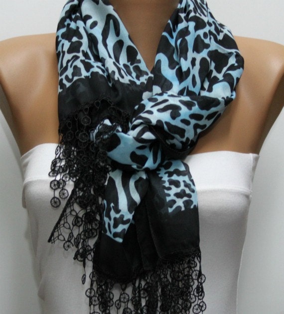 Leopard  Scarf -  Cotton Scarf  Cowl with  Lace Edge