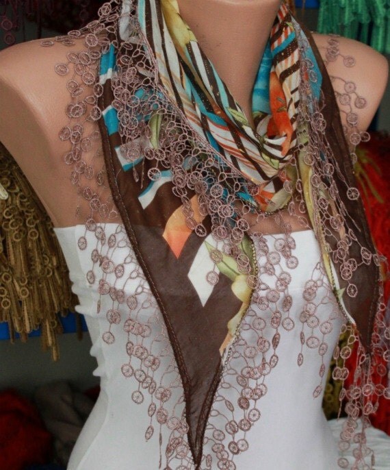 Multicolor Scarf - Cotton Scarf - Shawl with Lace Edge -
