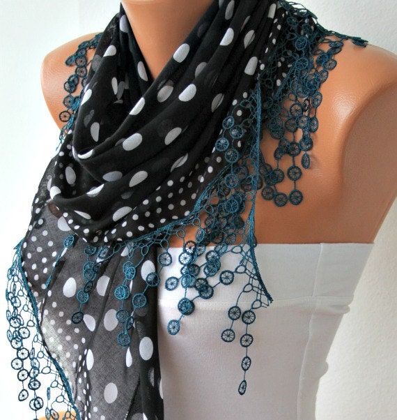 Polka Dot  Scarf -  Cotton Scarves - Cowl with  Lace Edge - Black