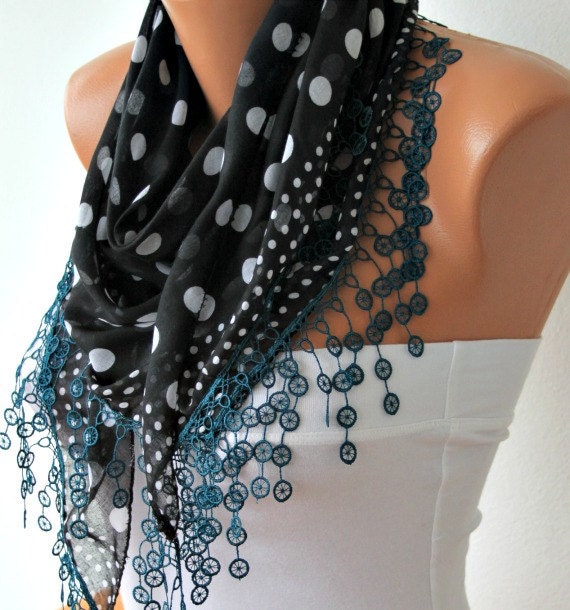 Polka Dot  Scarf -  Cotton Scarves - Cowl with  Lace Edge - Black