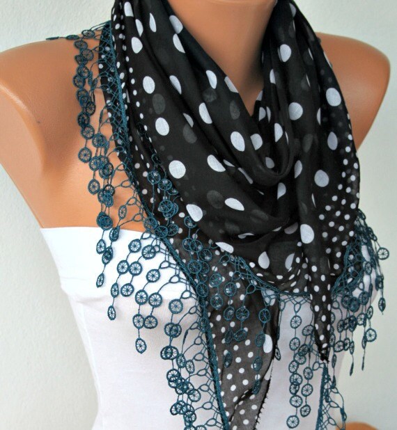 Polka Dot  Scarf -  Cotton Scarves - Cowl with  Lace Edge - Black