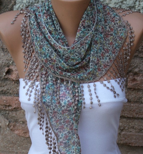Multicolor Shawl - Cotton Scarf -  Cowl Scarf  with  Lace Edge - fatwoman