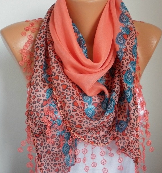 Scarf Shawl  -  Cotton Weddings Scarves -  Cowl  with  Lace Edge - Coral