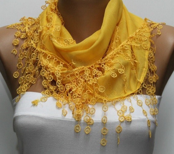 Yellow Scarf - Cotton Scarf - Cowl with Lace Edge -