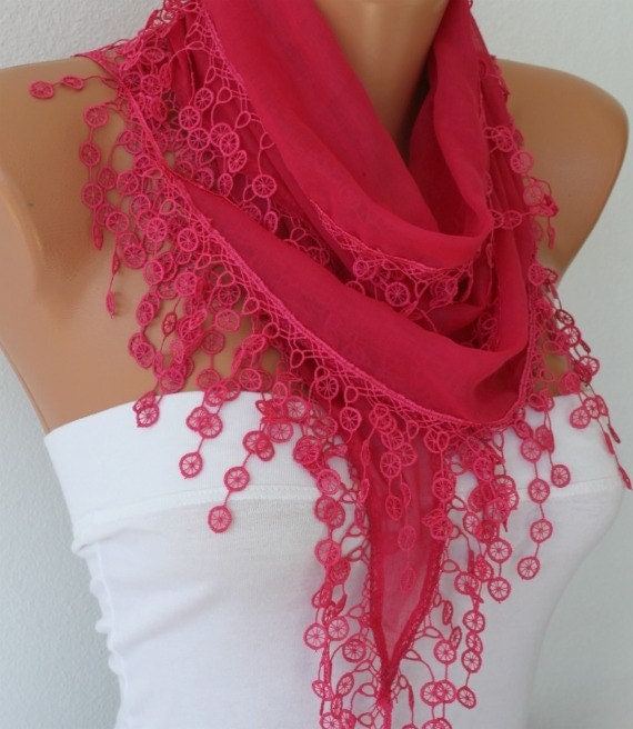 Hot Pink  Scarf  - Cotton  Scarf -  Shawl - Cowl with Lace Edge   - fatwoman