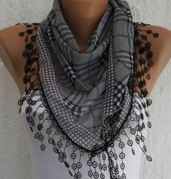 Gray Plaid  Scarf -  Cotton Scarf  Cowl Scarf with  Lace Edge - fatwoman