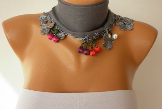BIG SALE Gray Scarf ,Cotton Woman Cowl with Lace Edge -