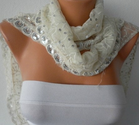 Ecru Lace Sequin  Scarf - Shawl  Cowl Bridesmaid Gifts