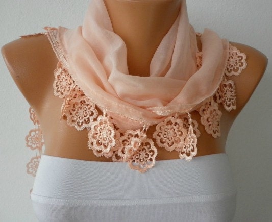 Salmon Scarf - Cotton Scarf - Cowl with Lace Edge -