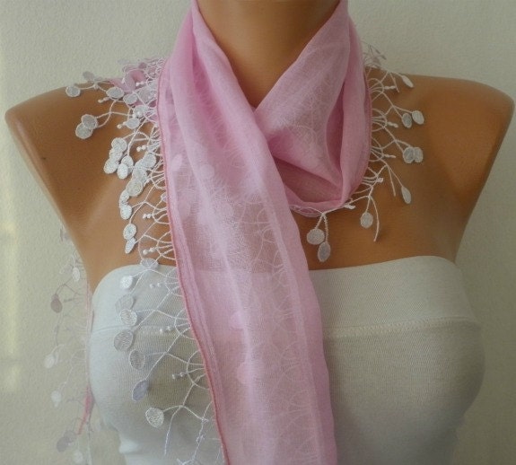 Pink Scarf  - Cotton  Scarf -  Cowl with Lace Edge