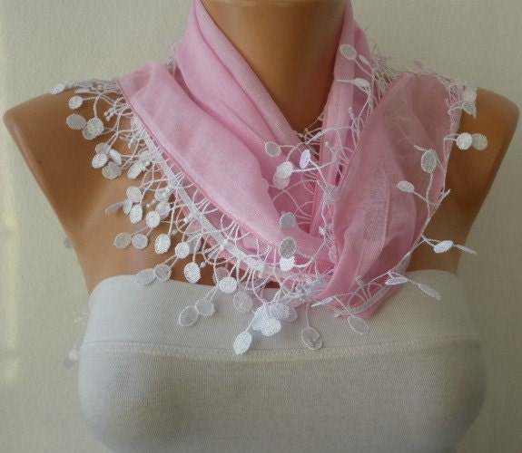 Pink Scarf  - Cotton  Scarf -  Cowl with Lace Edge
