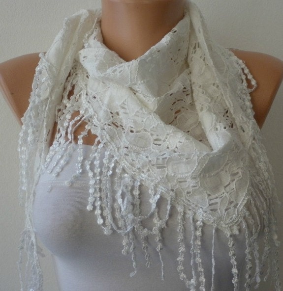 White Scarf - Headband Necklace Cowl with Lace Edge - Creamy white