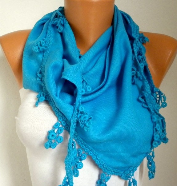 Women Pashmina Scarf - Cotton Scarf - - Cowl with Lace Edge - turquoise blue - fatwoman