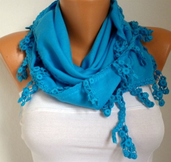 Women Pashmina Scarf - Cotton Scarf - - Cowl with Lace Edge - turquoise blue - fatwoman