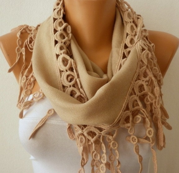 Beige Scarf Women Pashmina Scarf - Cotton Scarf - Cowl with Lace Edge - Beige - fatwoman