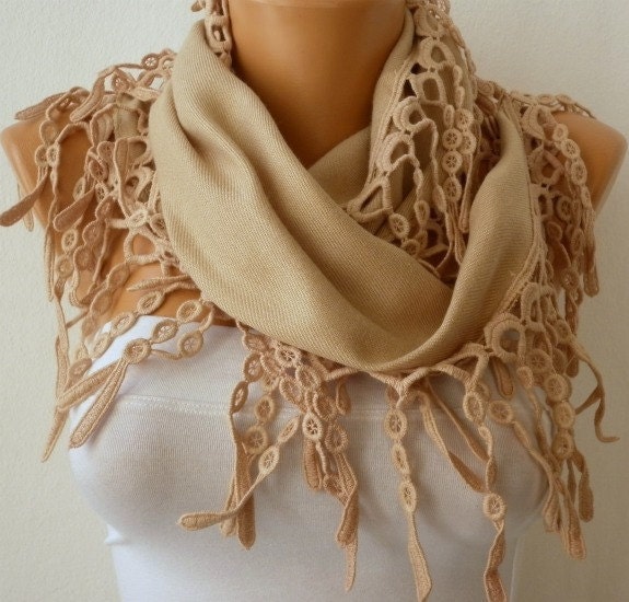 Beige Scarf Women Pashmina  Scarf  - Cotton Scarf - Cowl with Lace  Edge - Beige - fatwoman