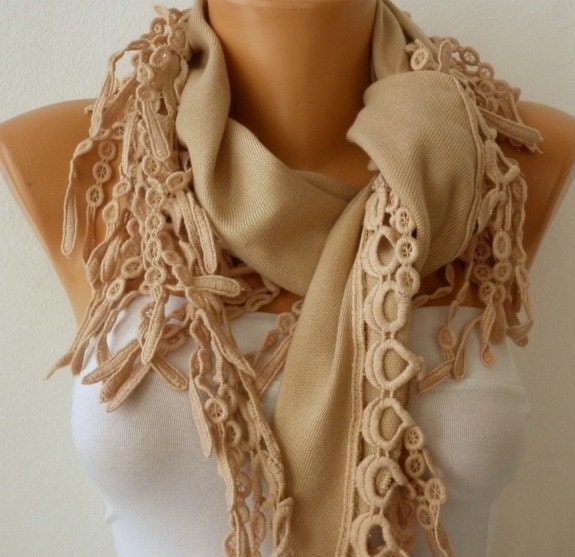 Beige Scarf Women Pashmina  Scarf  - Cotton Scarf - Cowl with Lace  Edge - Beige - fatwoman