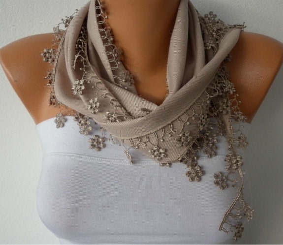 Beige Scarf  -  Pashmina Scarf  -  Cowl with Lace Edge